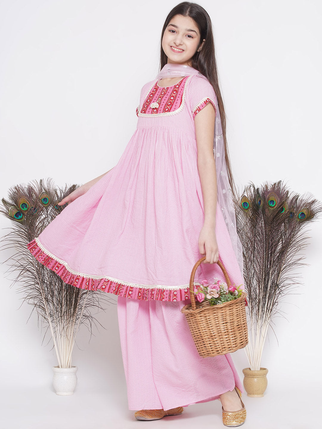 Floral patch and lace work Frock Style Kurta with sharara and Dupatta | SHOBITAM