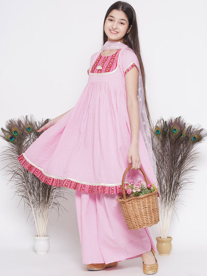 Floral patch and lace work Frock Style Kurta with sharara and Dupatta | SHOBITAM