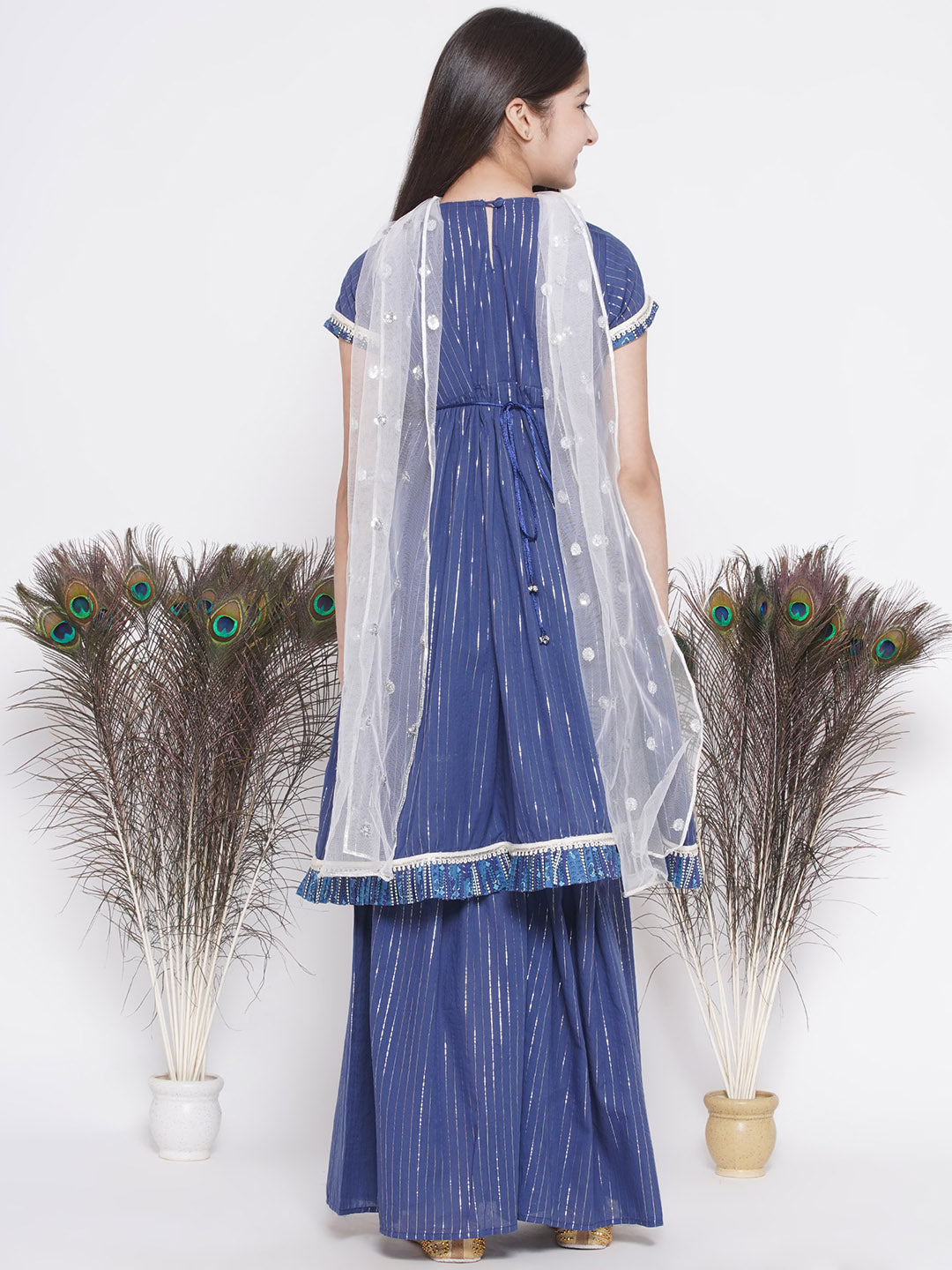 Girls Floral patch and lace work Frock Style Kurta with sharara and Dupatta | SHOBITAM