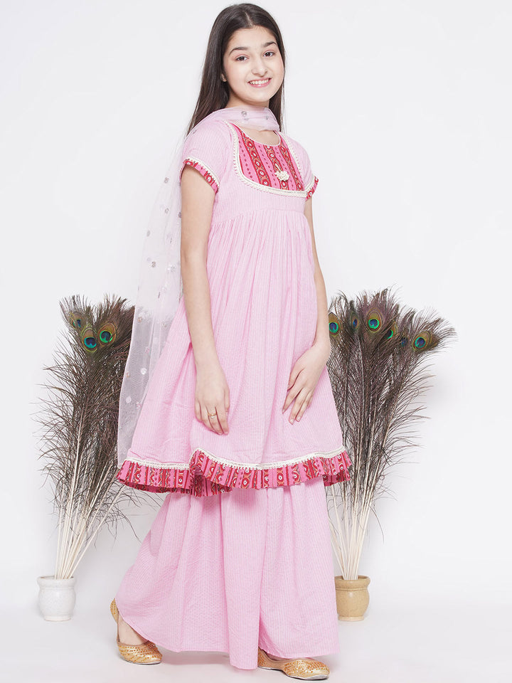 Floral patch and lace work Frock Style Kurta with sharara and Dupatta | SHOBITAM
