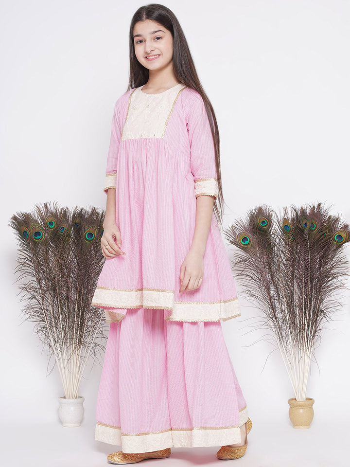 Thread work Frock Style Kurta with Floral Embroidery and Sharara with Dupatta | SHOBITAM