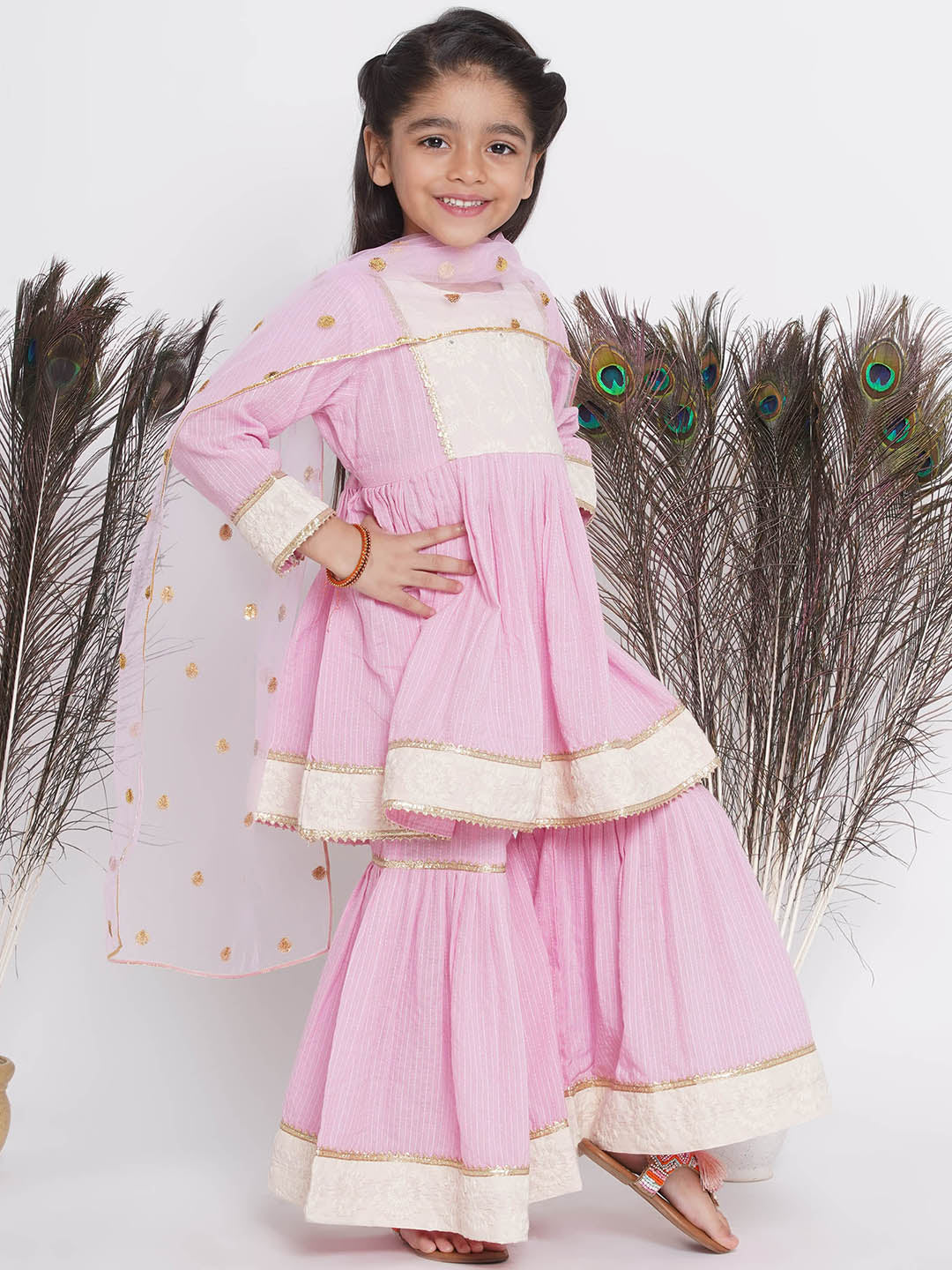 Thread work Frock Style Kurta with Floral Embroidery and Sharara with Dupatta | SHOBITAM