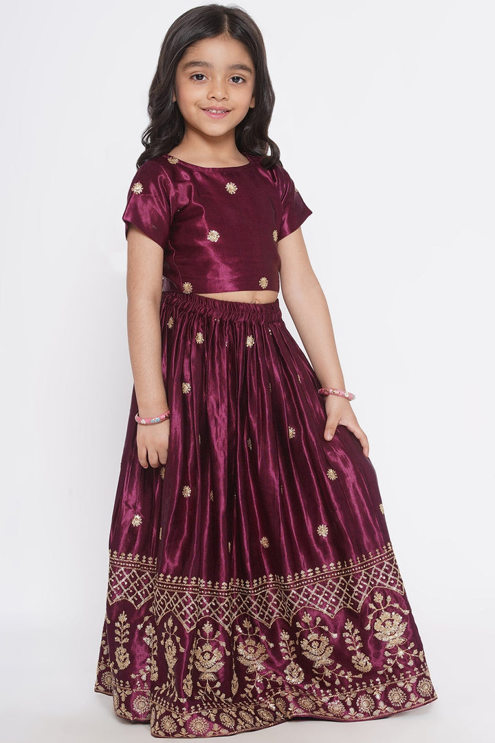 Floral Buti Sequence work Blouse with Sequins work Lehenga with Dupatta - Wine | SHOBITAM