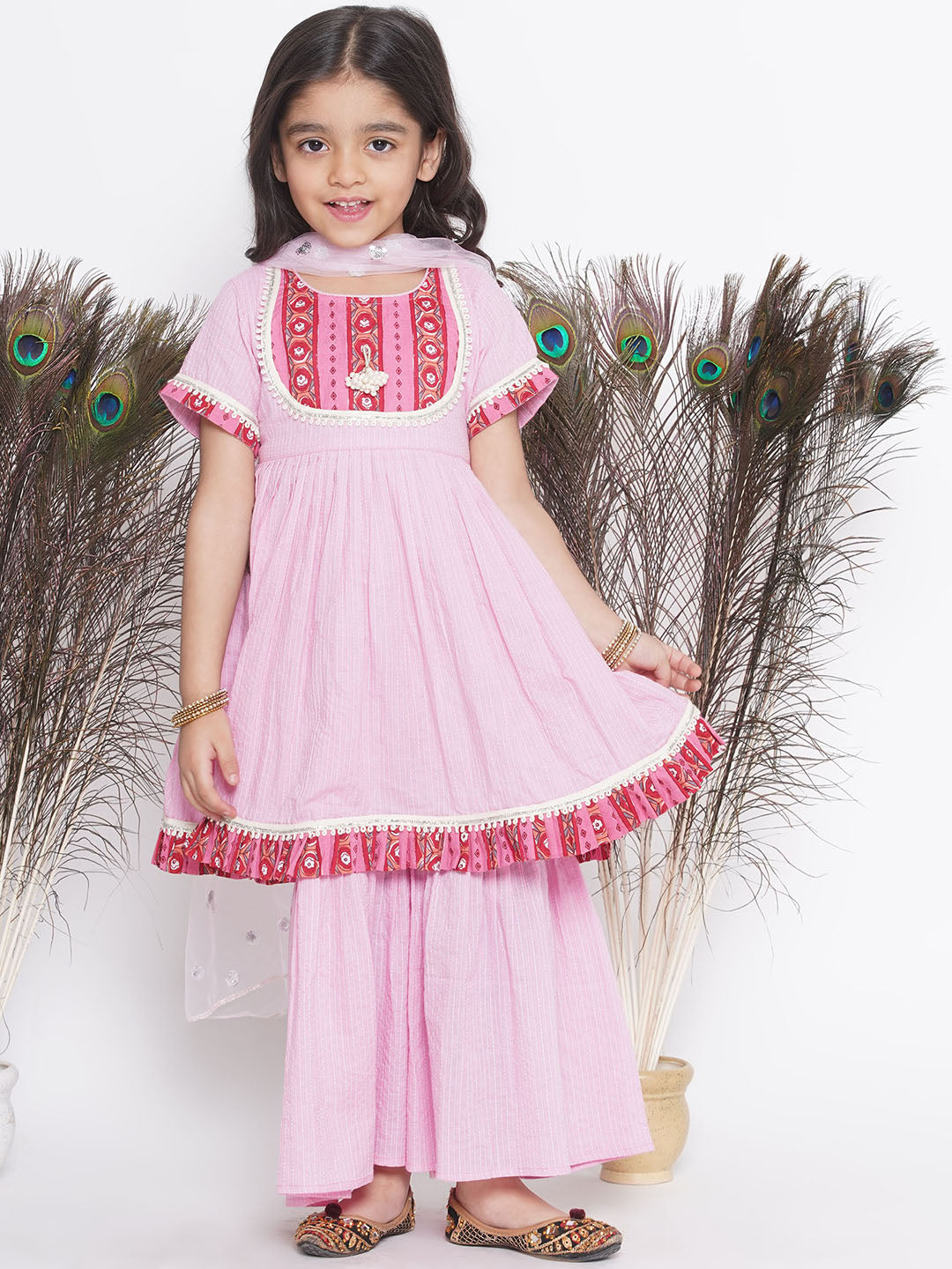Floral patch and lace work Frock Style Kurta with sharara and Dupatta | SHOBITAM