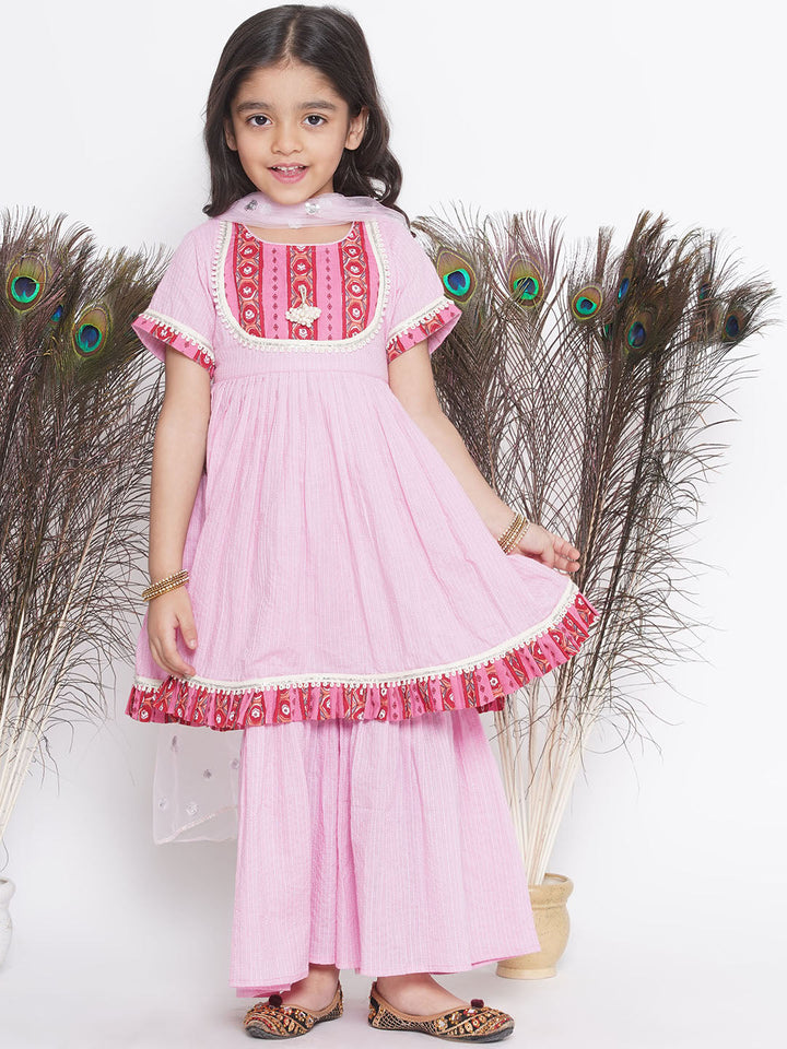 Floral patch and lace work Frock Style Kurta with sharara and Dupatta | SHOBITAM