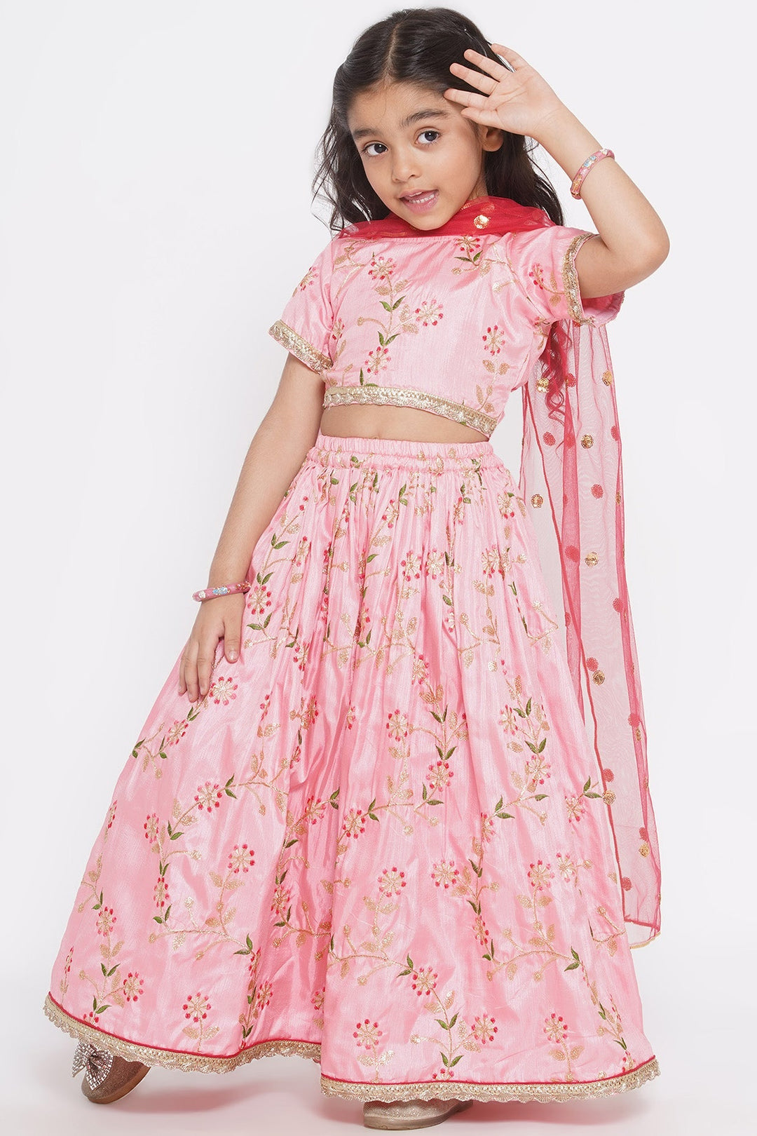 Silk Blouse with Lehenga and Dupatta with Floral Embroidery | SHOBITAM