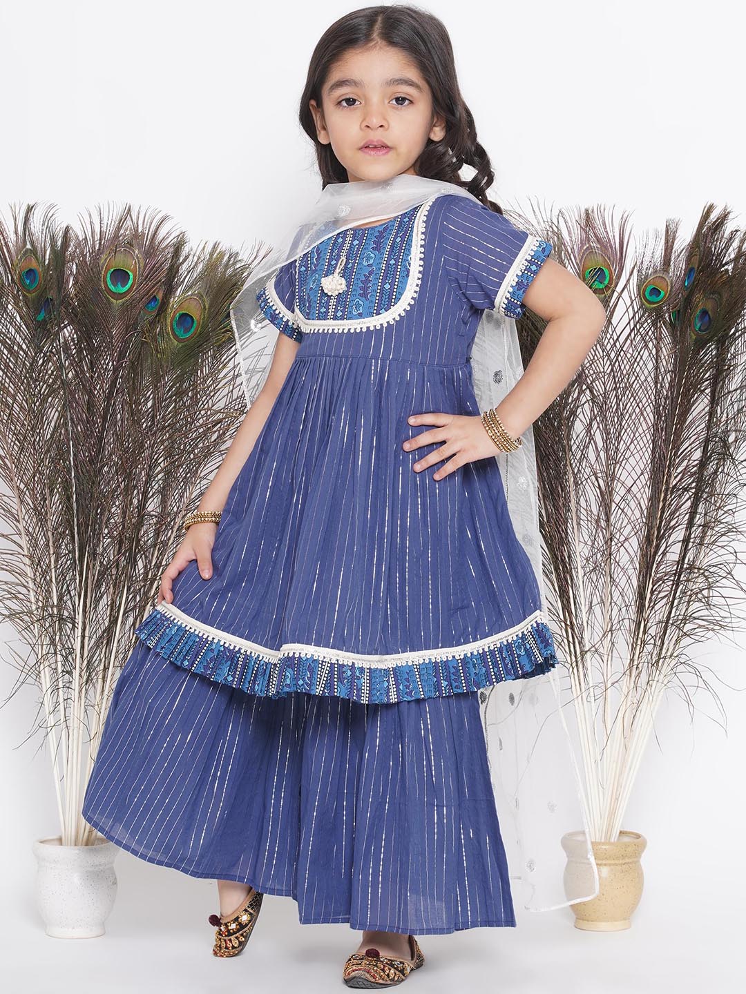 Girls Floral patch and lace work Frock Style Kurta with sharara and Dupatta | SHOBITAM