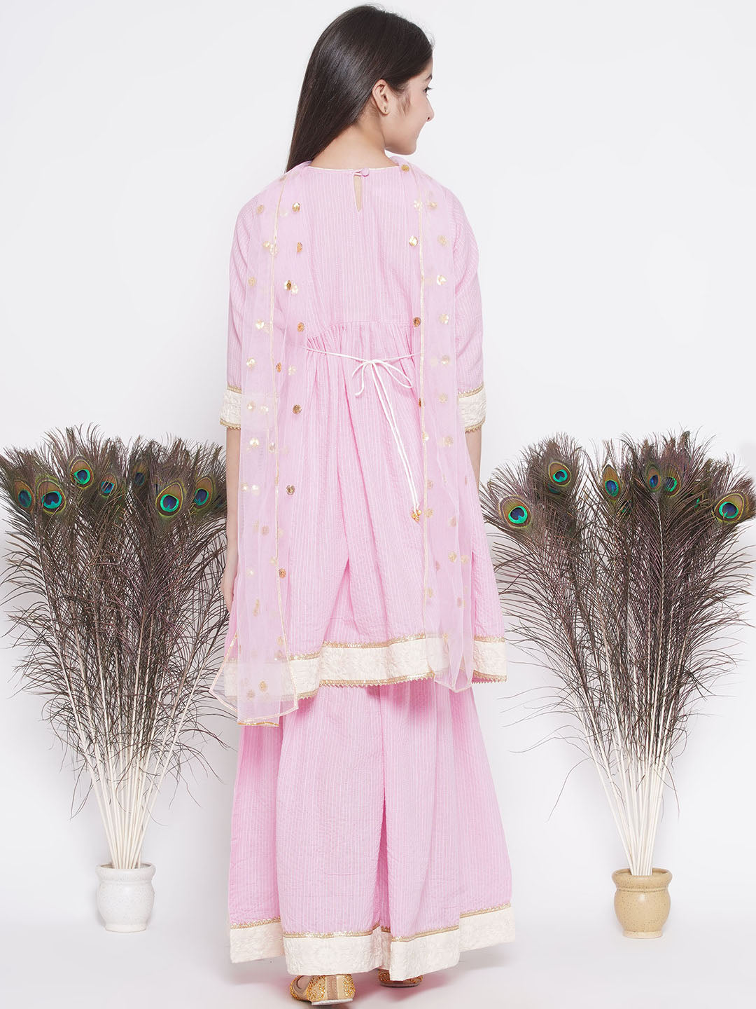 Thread work Frock Style Kurta with Floral Embroidery and Sharara with Dupatta | SHOBITAM