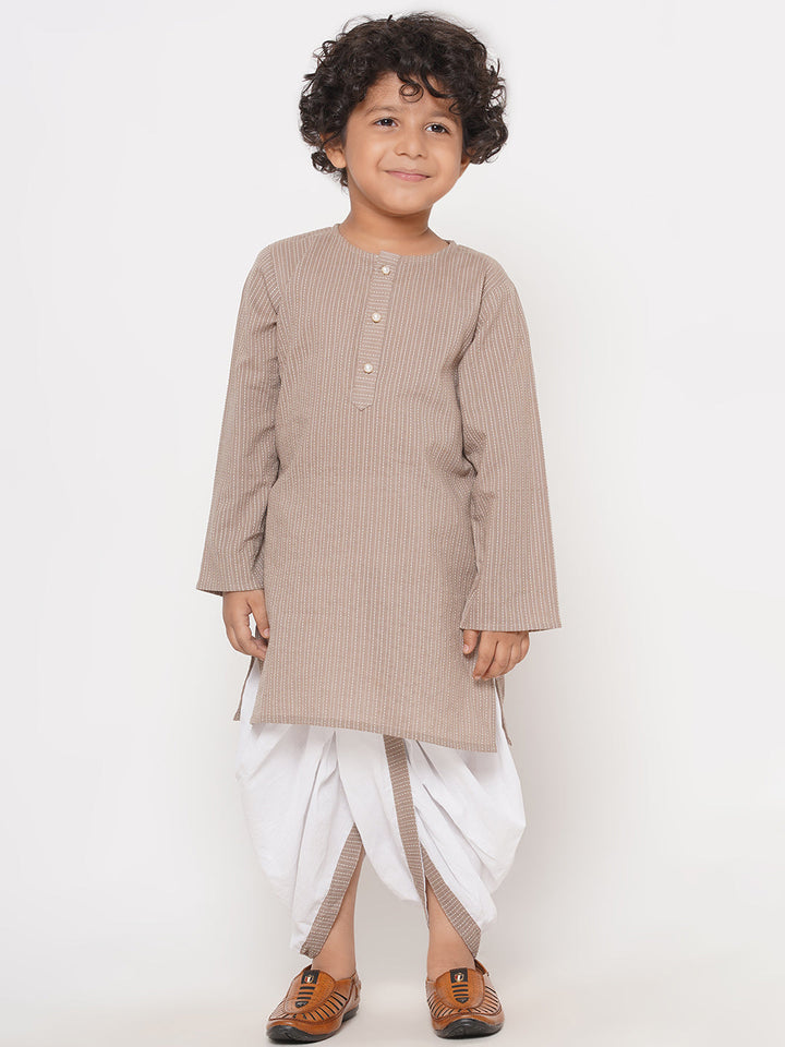 Boys Thread Work Kurta with Pearl buttons & Dhoti - Camel Brown | SHOBITAM
