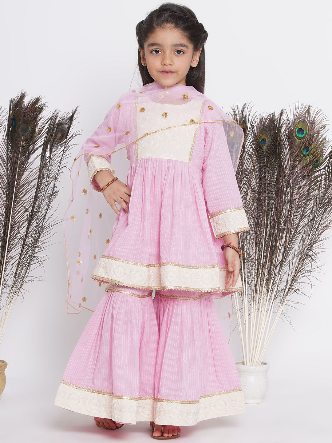 Thread work Frock Style Kurta with Floral Embroidery and Sharara with Dupatta | SHOBITAM