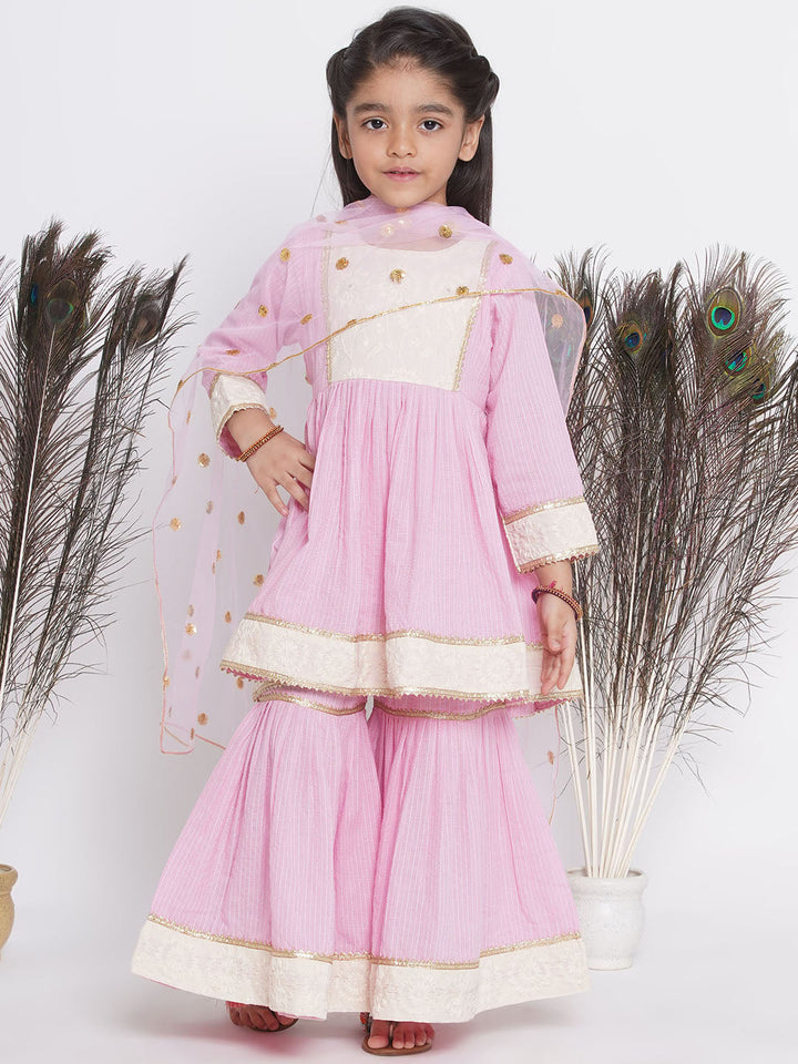 Thread work Frock Style Kurta with Floral Embroidery and Sharara with Dupatta | SHOBITAM