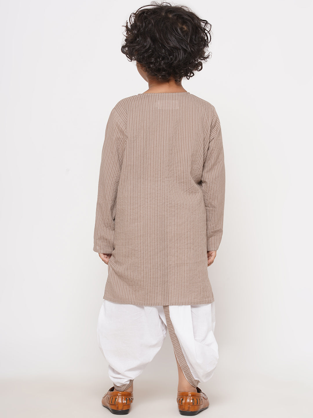Boys Thread Work Kurta with Pearl buttons & Dhoti - Camel Brown | SHOBITAM
