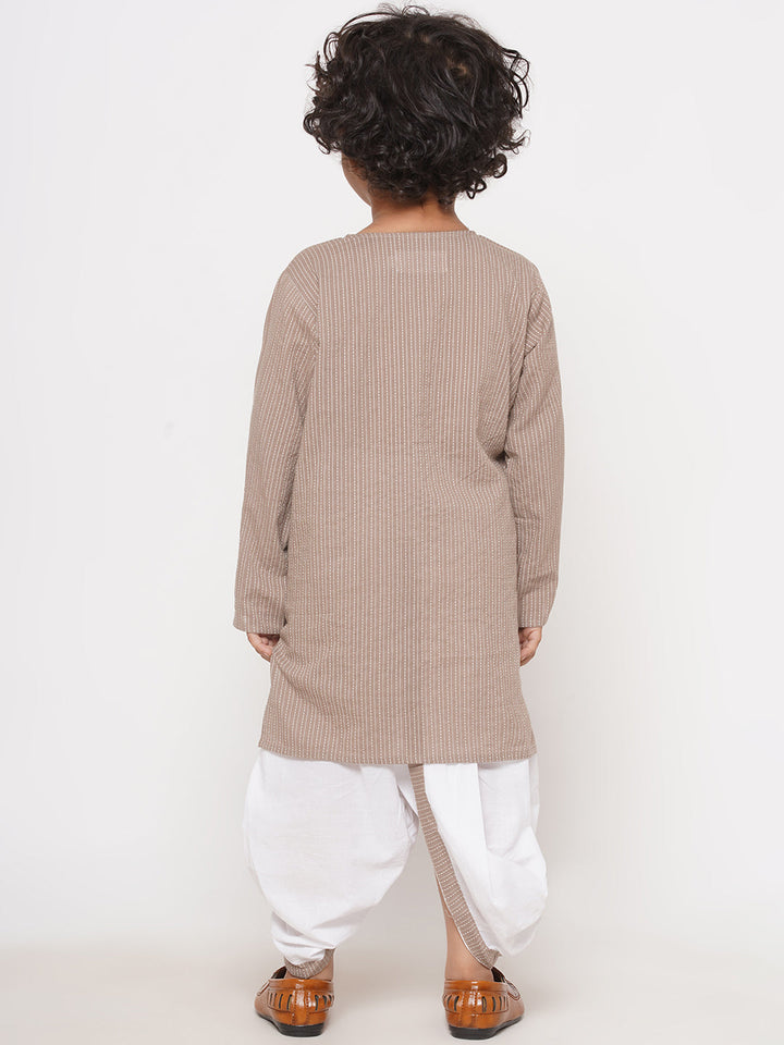 Boys Thread Work Kurta with Pearl buttons & Dhoti - Camel Brown | SHOBITAM