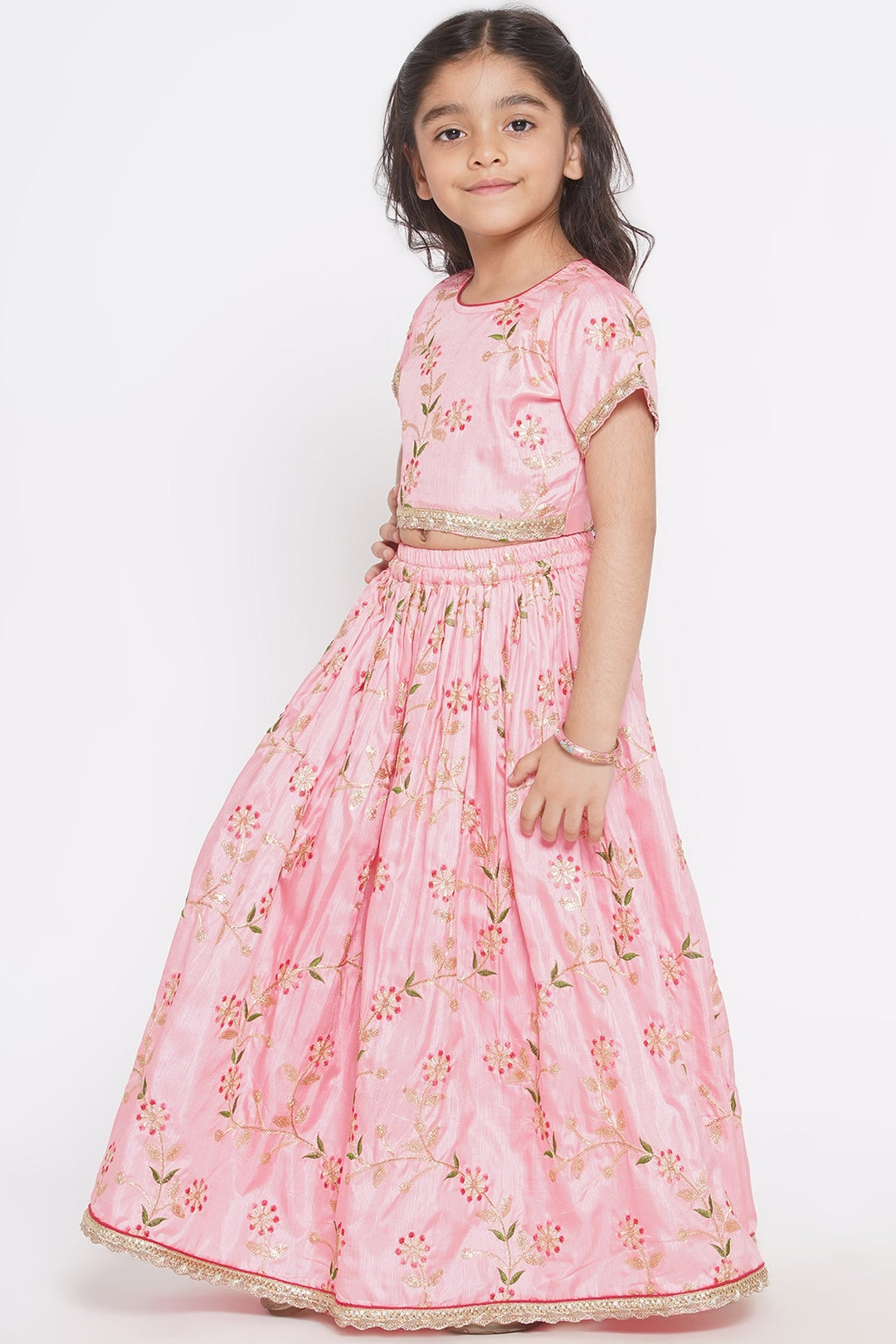 Silk Blouse with Lehenga and Dupatta with Floral Embroidery | SHOBITAM
