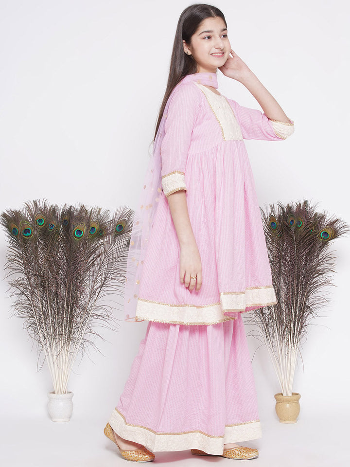 Thread work Frock Style Kurta with Floral Embroidery and Sharara with Dupatta | SHOBITAM