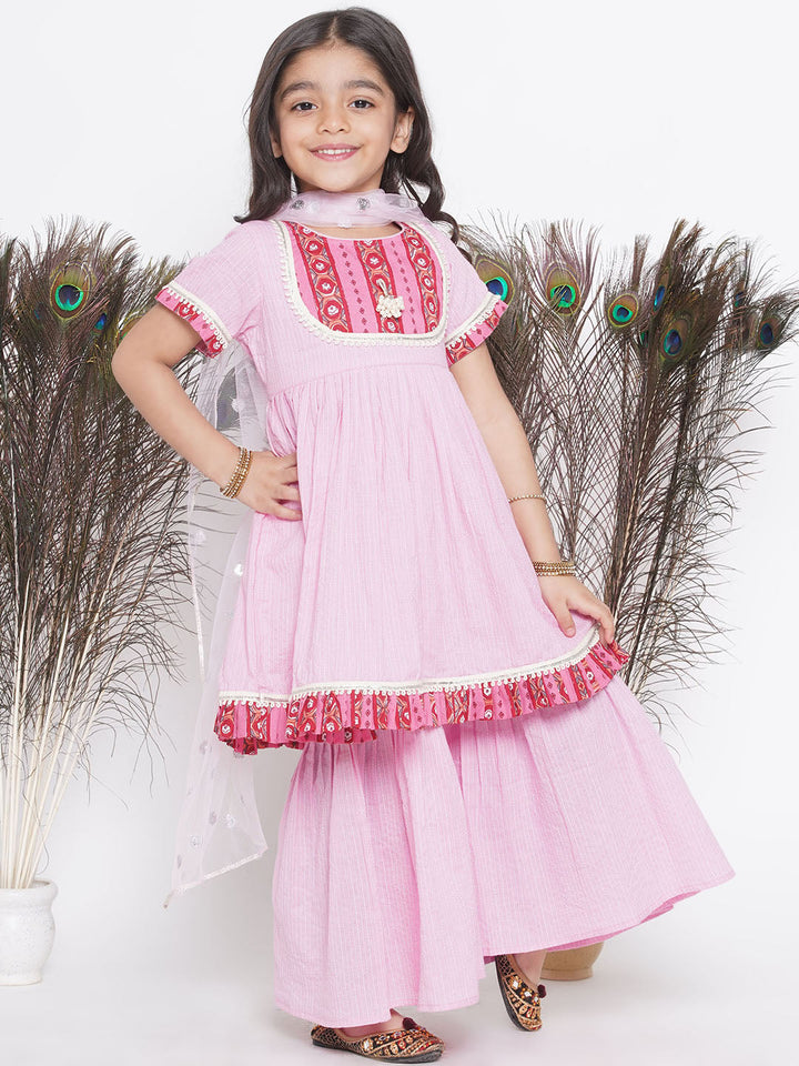 Floral patch and lace work Frock Style Kurta with sharara and Dupatta | SHOBITAM