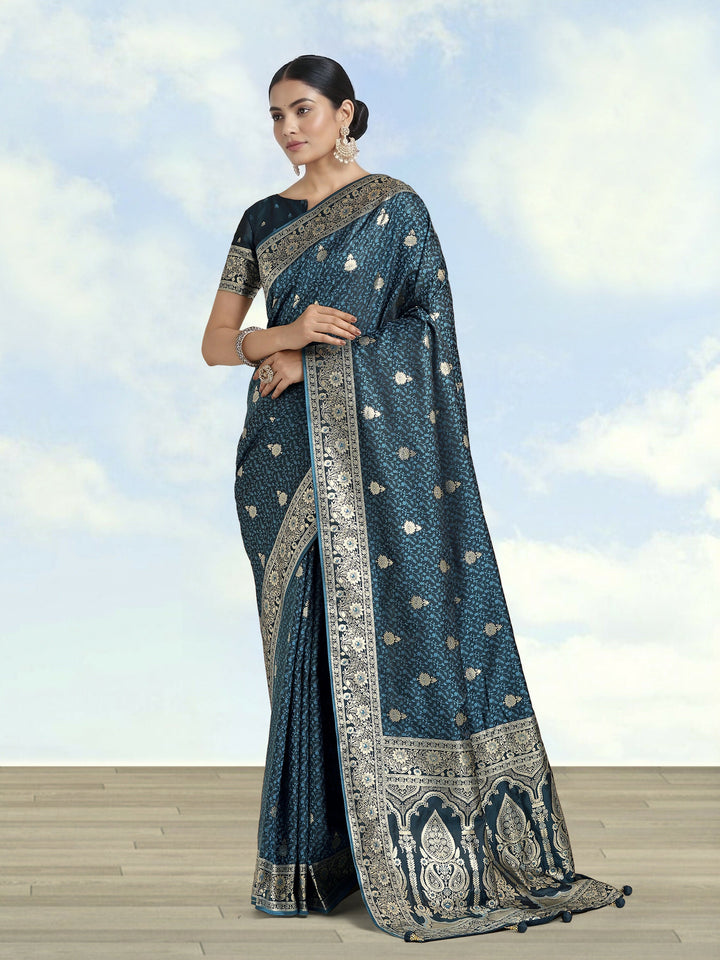 Dark Teal Banarasi Satin Silk Saree | SHOBITAM