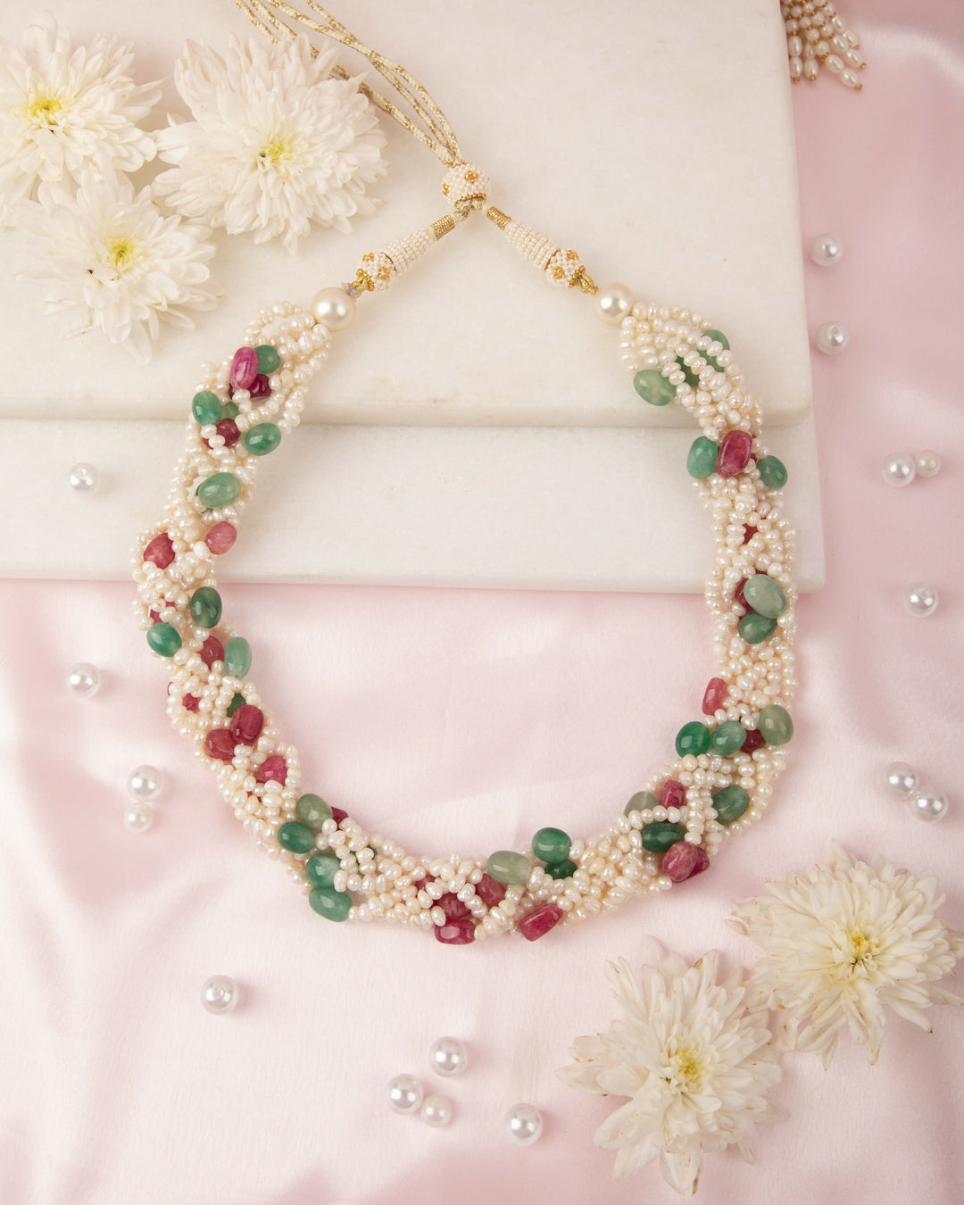 Panna-Gulab Haar, Hand-braided Mala with Natural Pearls | SHOBITAM