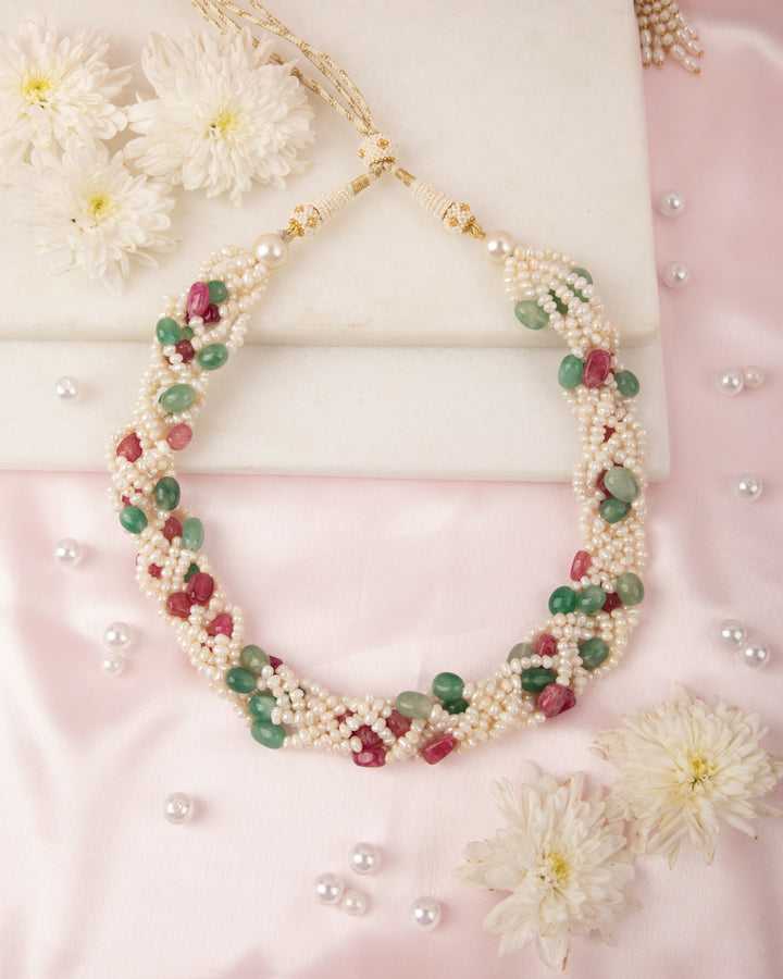Panna-Gulab Haar, Hand-braided Mala with Natural Pearls | SHOBITAM