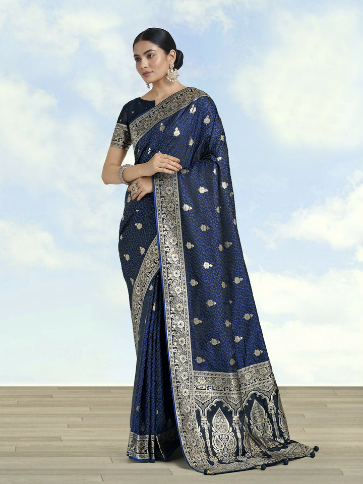 Blue Banarasi Satin Silk Saree | SHOBITAM