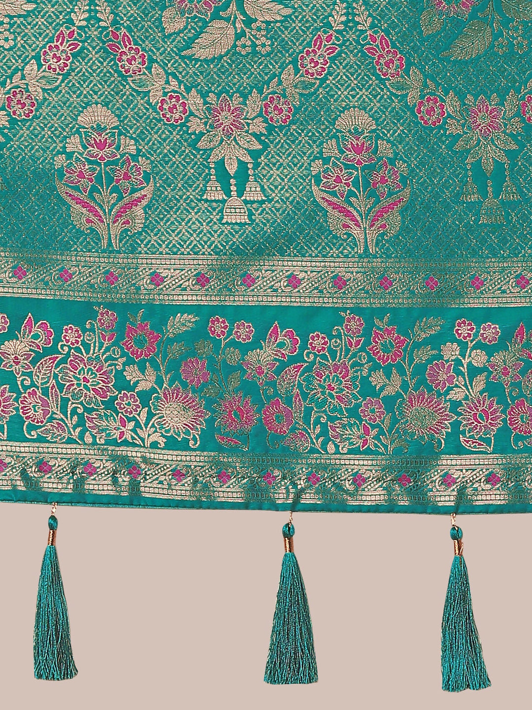 Turquoise Semi Banarasi Satin silk Saree With Zari Border And Butti Work | SHOBITAM