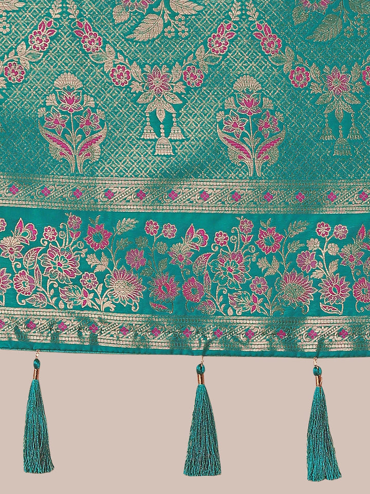 Turquoise Semi Banarasi Satin silk Saree With Zari Border And Butti Work | SHOBITAM