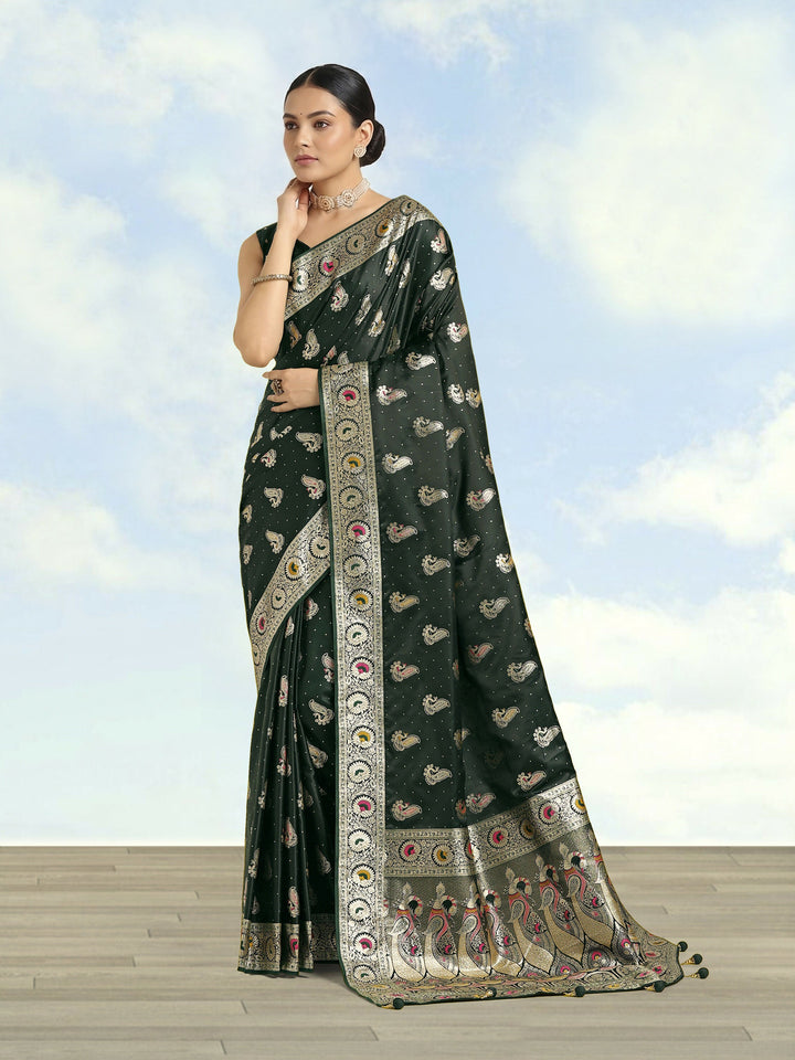 Dark Green Color Banarasi Satin Silk Zari Weaving Saree | SHOBITAM