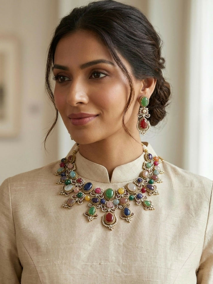 Multicolour Navratna Kundan Statement Necklace Set with Earrings | SHOBITAM