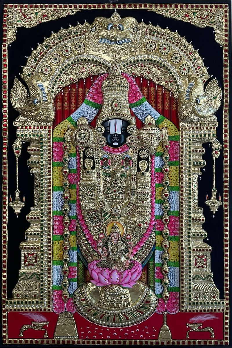 24*36 Authentic TANJORE PAINTING BALAJI WITH PATHA LAKSHMI SUPER EMBOSSE With 22 Ct gold Foil and Jaipur Gemstones,Unframed | SHOBITAM