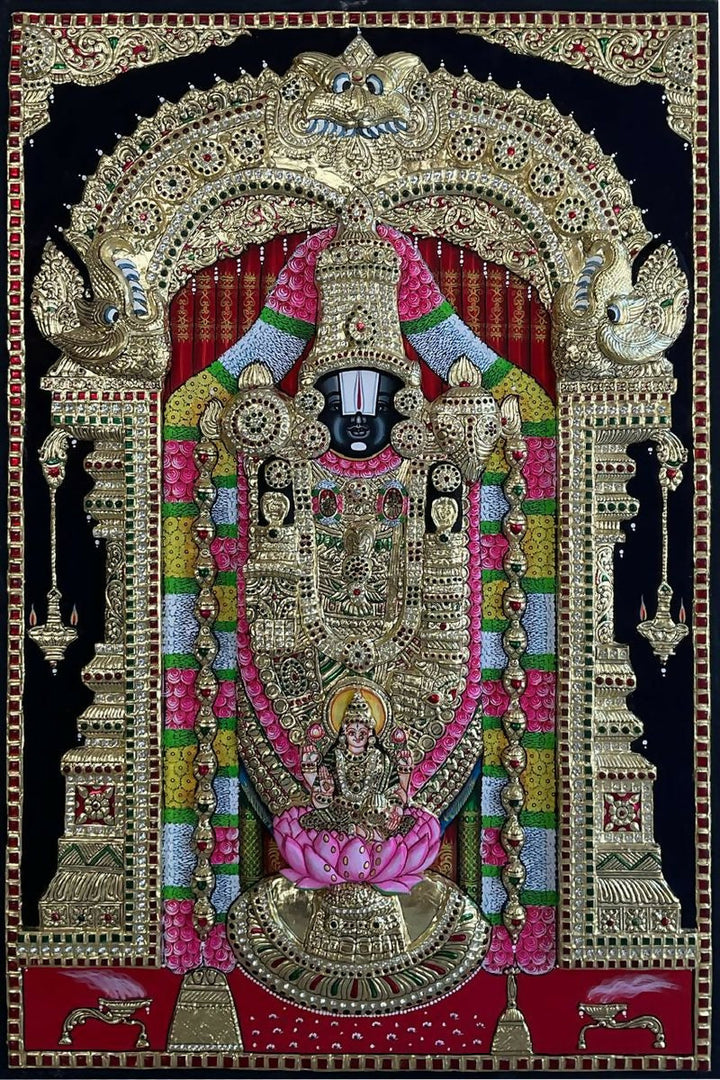 24*36 Authentic TANJORE PAINTING BALAJI WITH PATHA LAKSHMI SUPER EMBOSSE With 22 Ct gold Foil and Jaipur Gemstones,Unframed | SHOBITAM