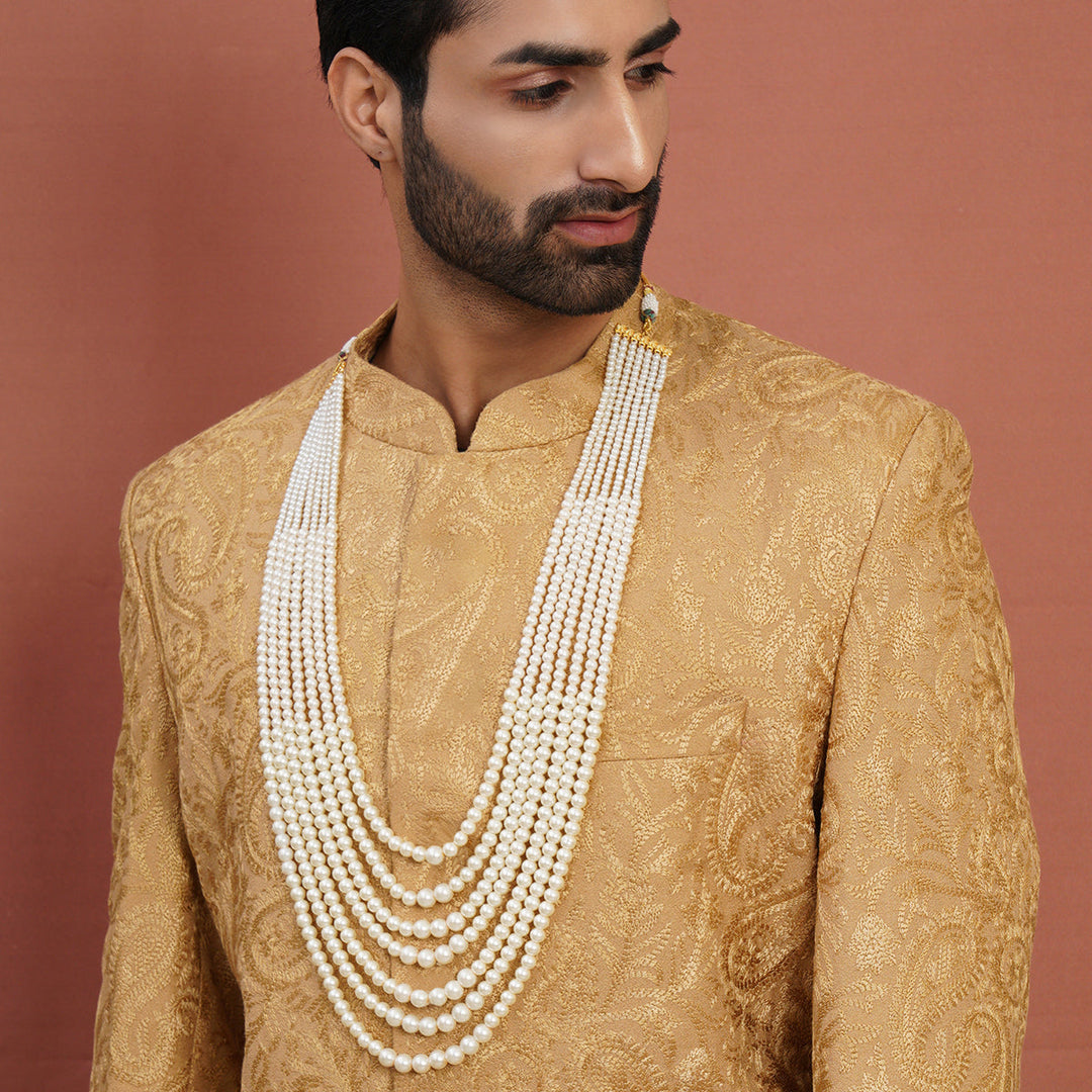 Pearl White Beaded Layered Necklace for Men | SHOBITAM