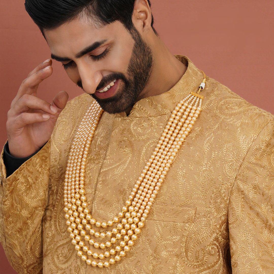Deep Cream Beaded Layered Necklace for Men | SHOBITAM