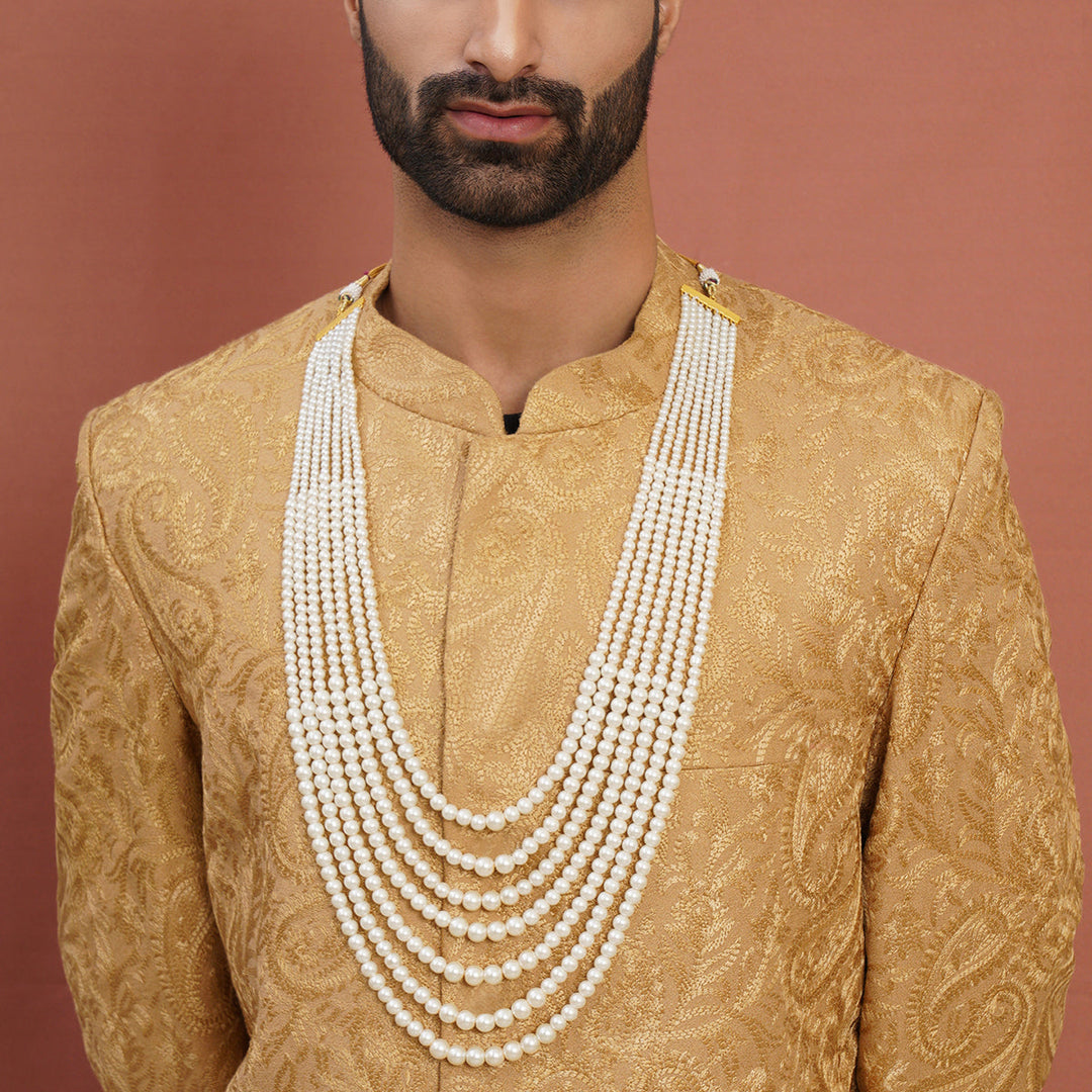 Pearl White Beaded Layered Necklace for Men | SHOBITAM