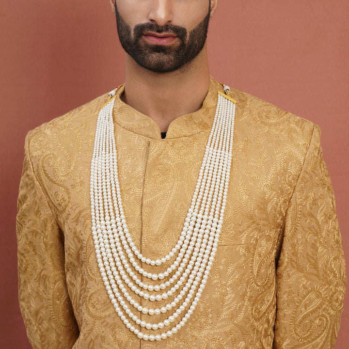 Pearl White Beaded Layered Necklace for Men | SHOBITAM