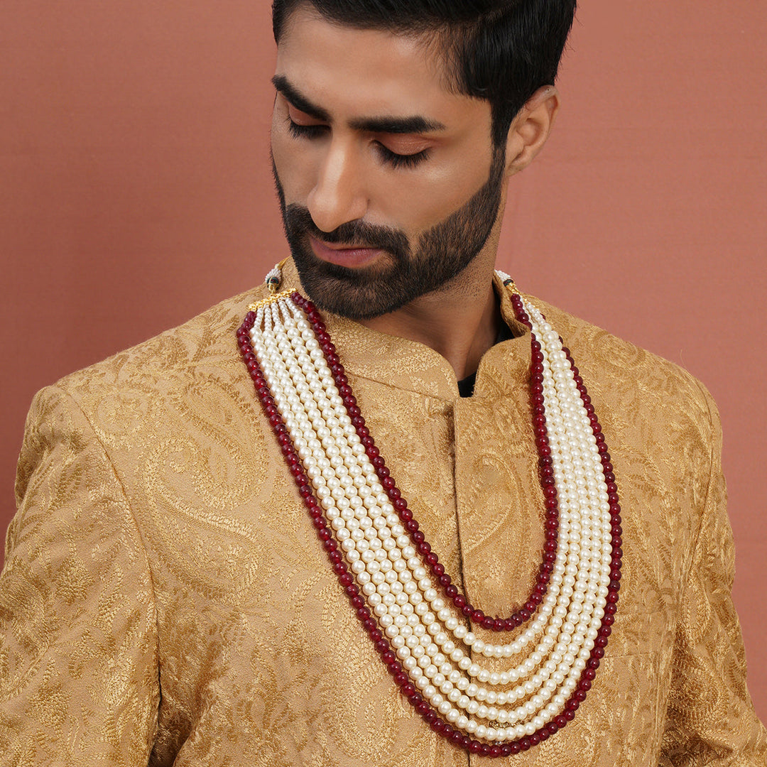 White and Maroon Beaded Neckpiece | SHOBITAM