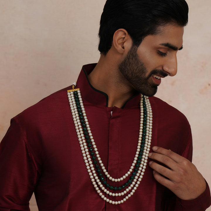 Ruby Raang Green and Pearl Layered Neckpiece | SHOBITAM