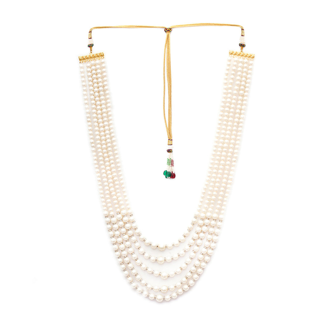 Pearl White and Crystal Beaded Layered Nekclace for Men | SHOBITAM