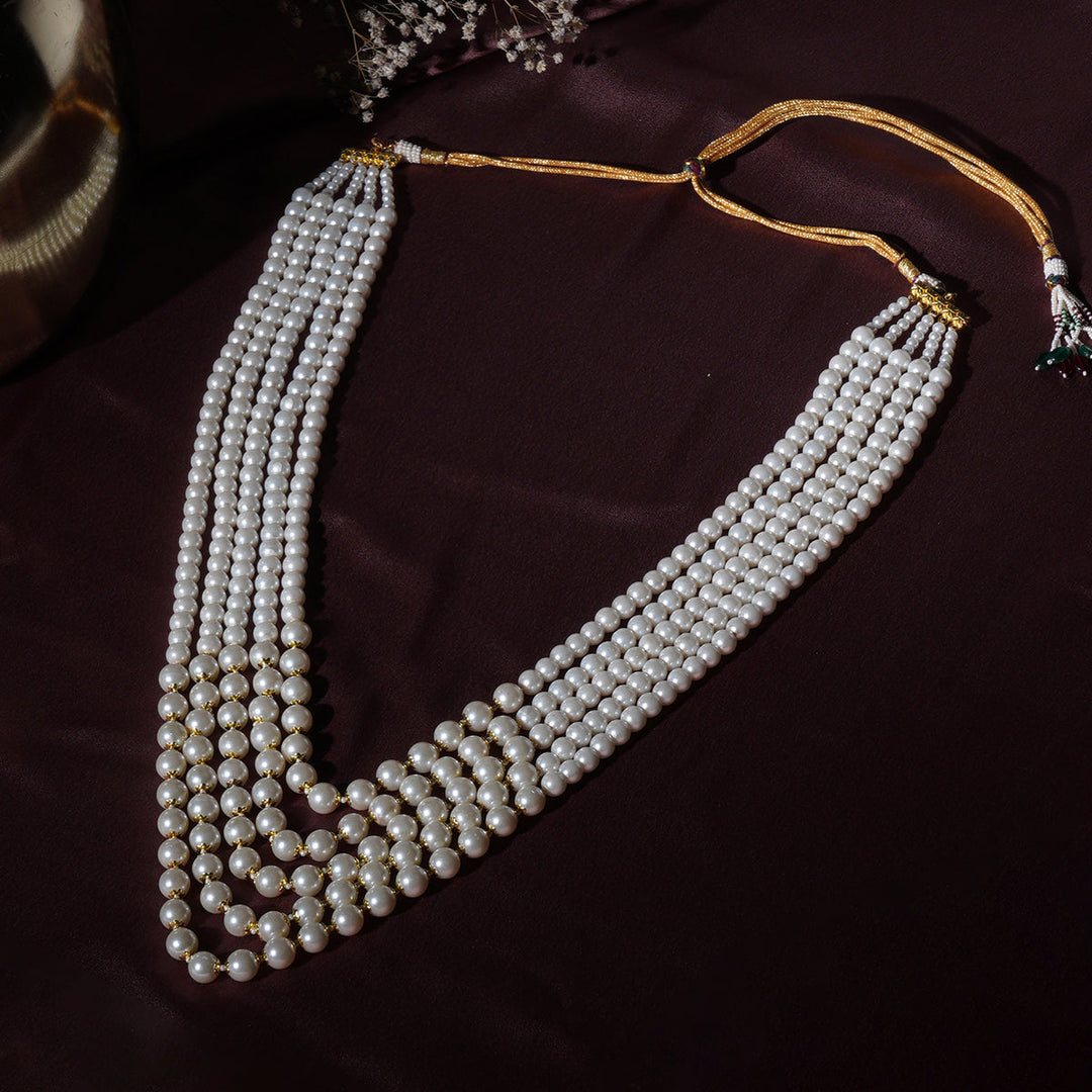 Pearl White and Crystal Beaded Layered Nekclace for Men | SHOBITAM