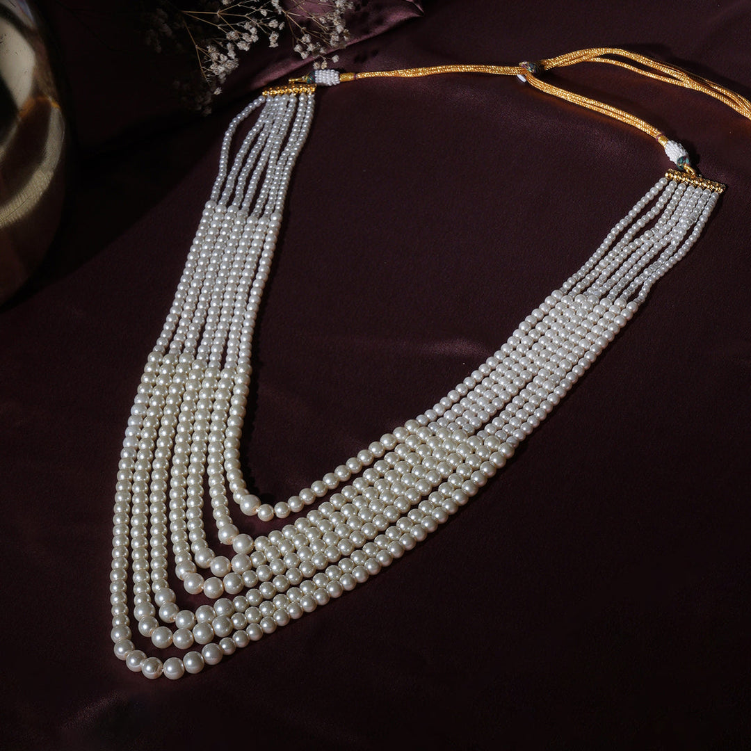 Pearl White Beaded Layered Necklace for Men | SHOBITAM