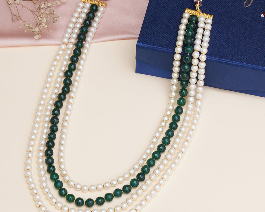 Ruby Raang Green and Pearl Layered Neckpiece | SHOBITAM