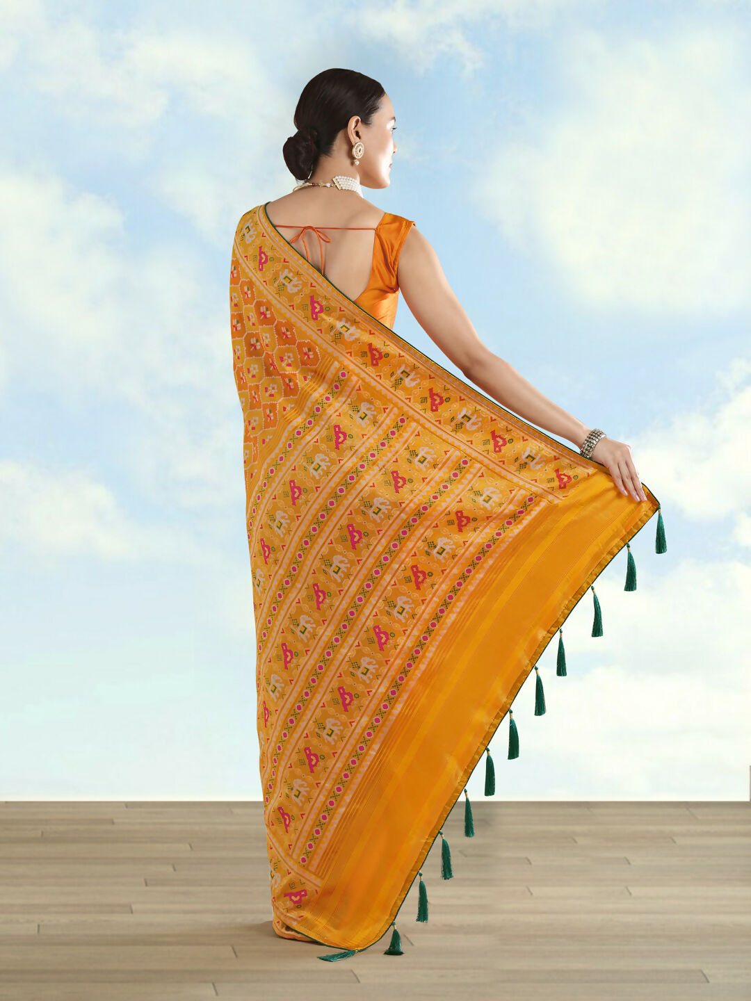 Mustard Semi Banarasi Satin Silk Saree With Patola Work | SHOBITAM