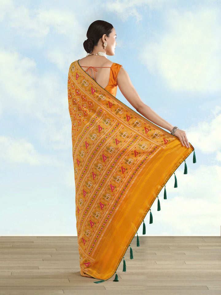 Mustard Semi Banarasi Satin Silk Saree With Patola Work | SHOBITAM