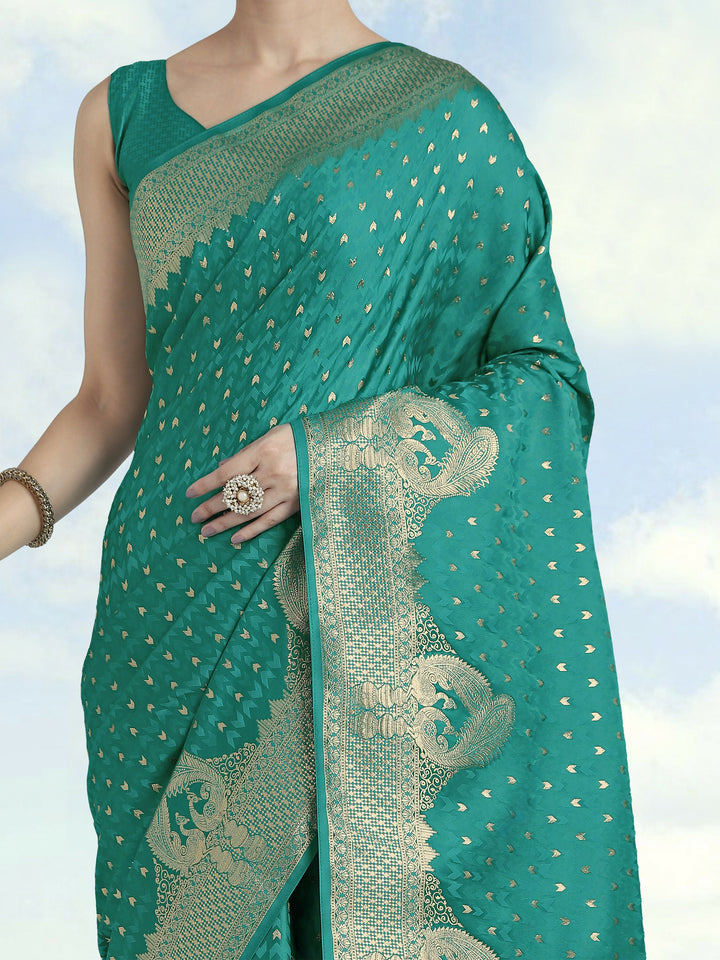 Turquoise Woven Banarasi Satin Silk Saree | SHOBITAM