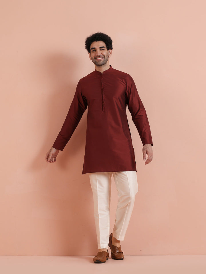 Maroon Solid Cotton Kurta Trouser Set | SHOBITAM