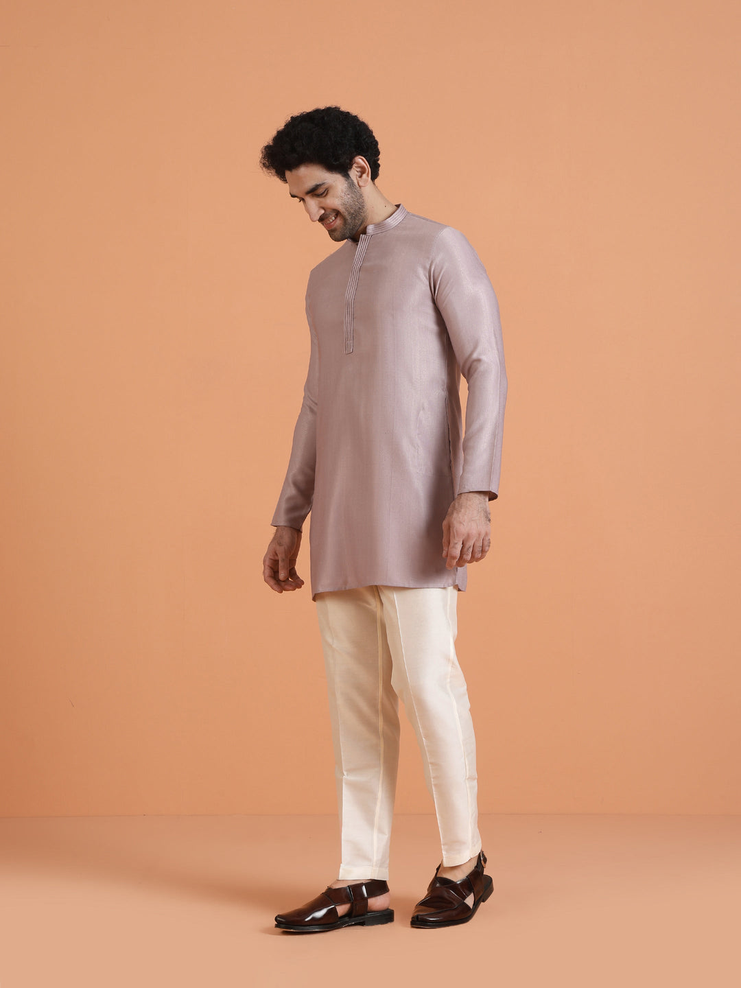 Lilac Silk Blend Solid Mid Kurta | SHOBITAM