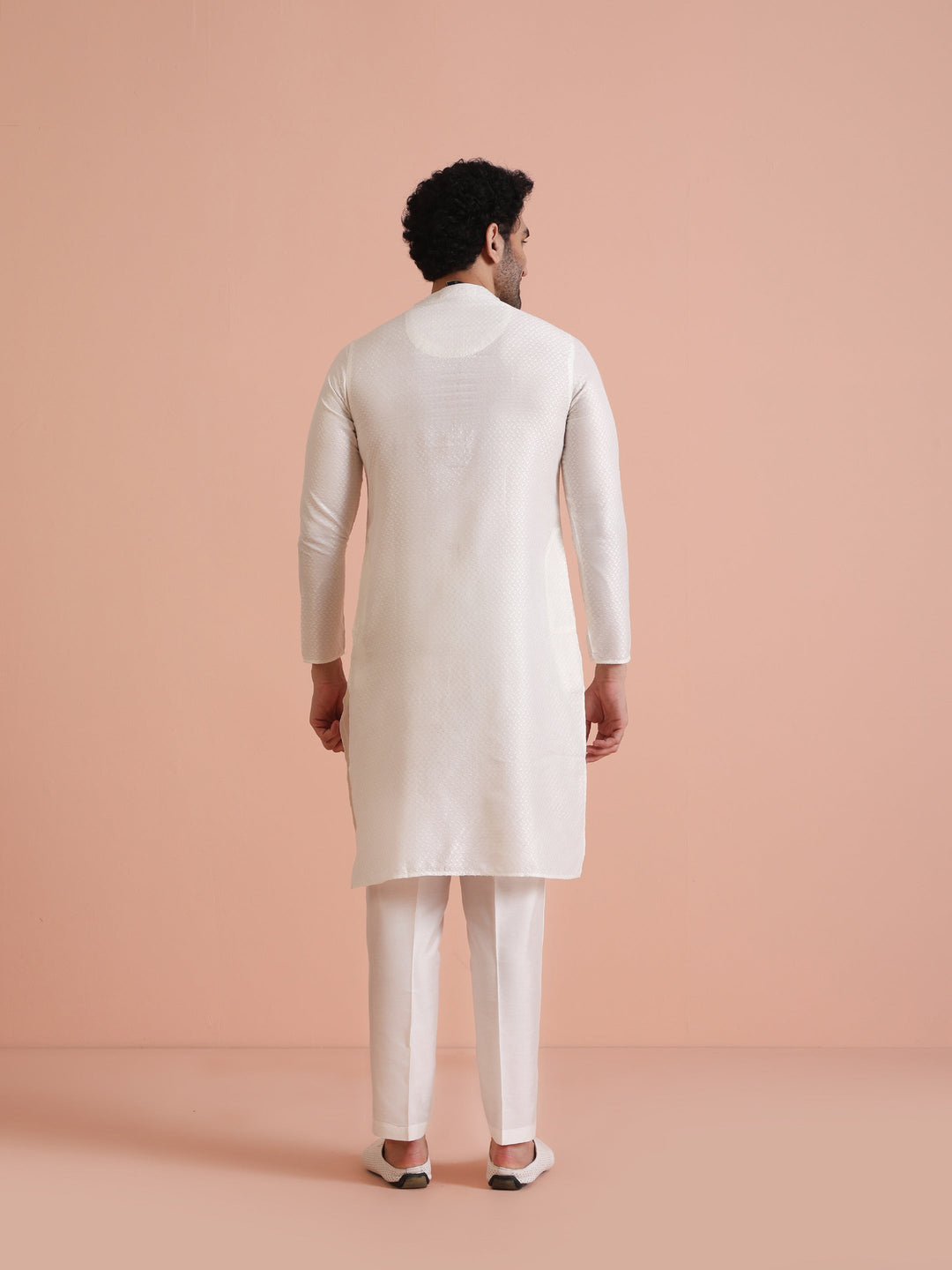 Cream Jacquard Silk Blend Kurta Trouser Set | SHOBITAM