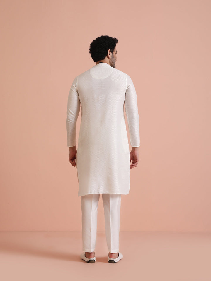 Cream Jacquard Silk Blend Kurta Trouser Set | SHOBITAM