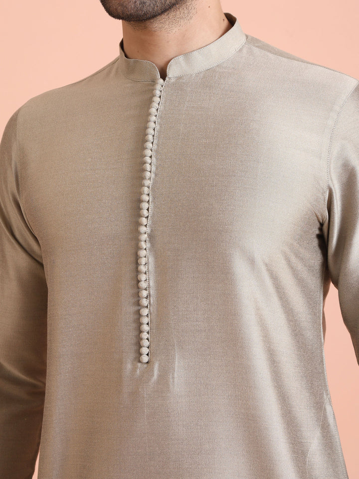 Grey Poly Silk Embellished Kurta Trouser Set | SHOBITAM