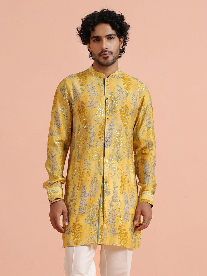 Yellow Floral Sequinned Mid Kurta | SHOBITAM