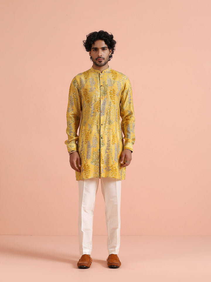 Yellow Floral Sequinned Mid Kurta | SHOBITAM